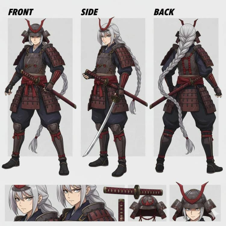 Nano Banana 2 result for an anime samurai turnaround sheet