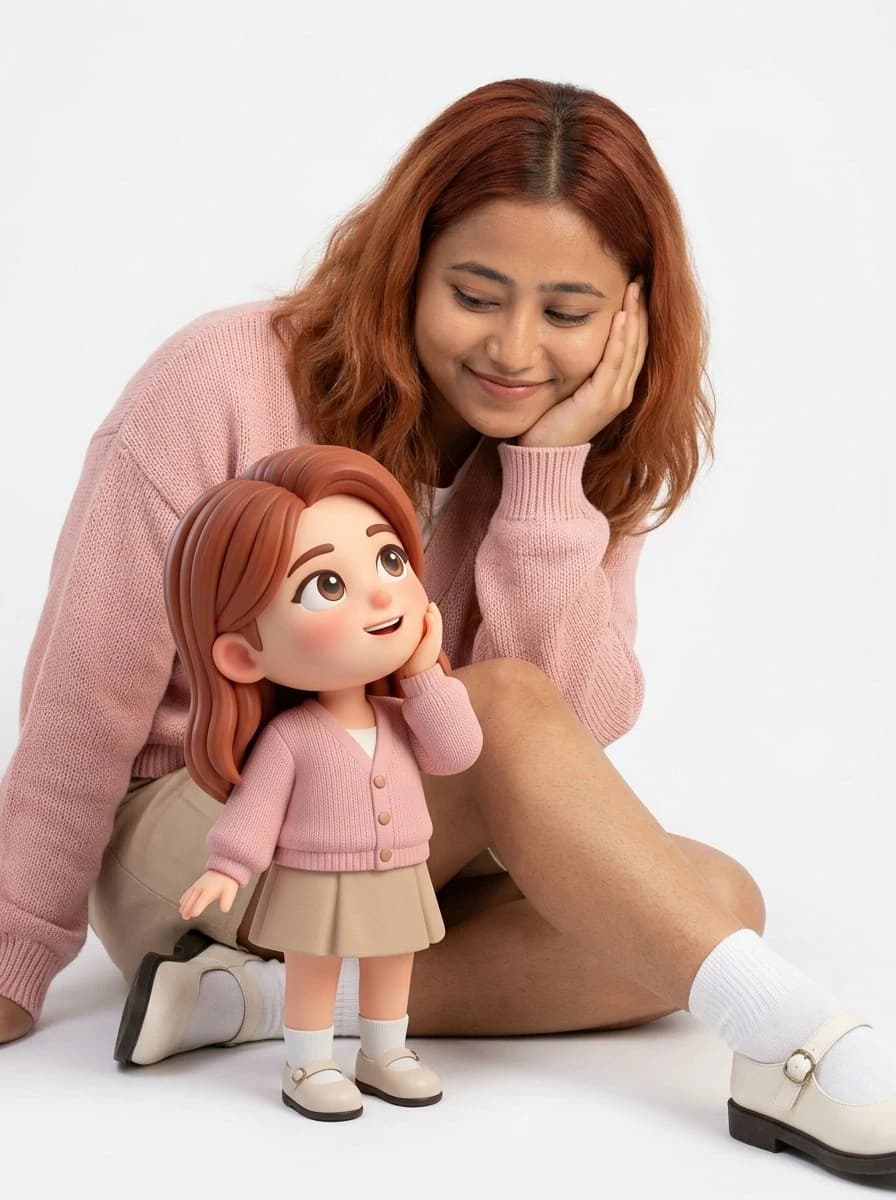 Nano Banana 2 identity-preservation portrait with a matching chibi doll
