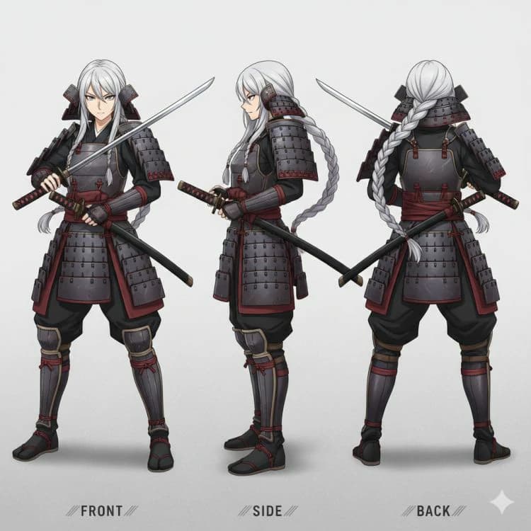 Nano Banana Pro result for an anime samurai turnaround sheet