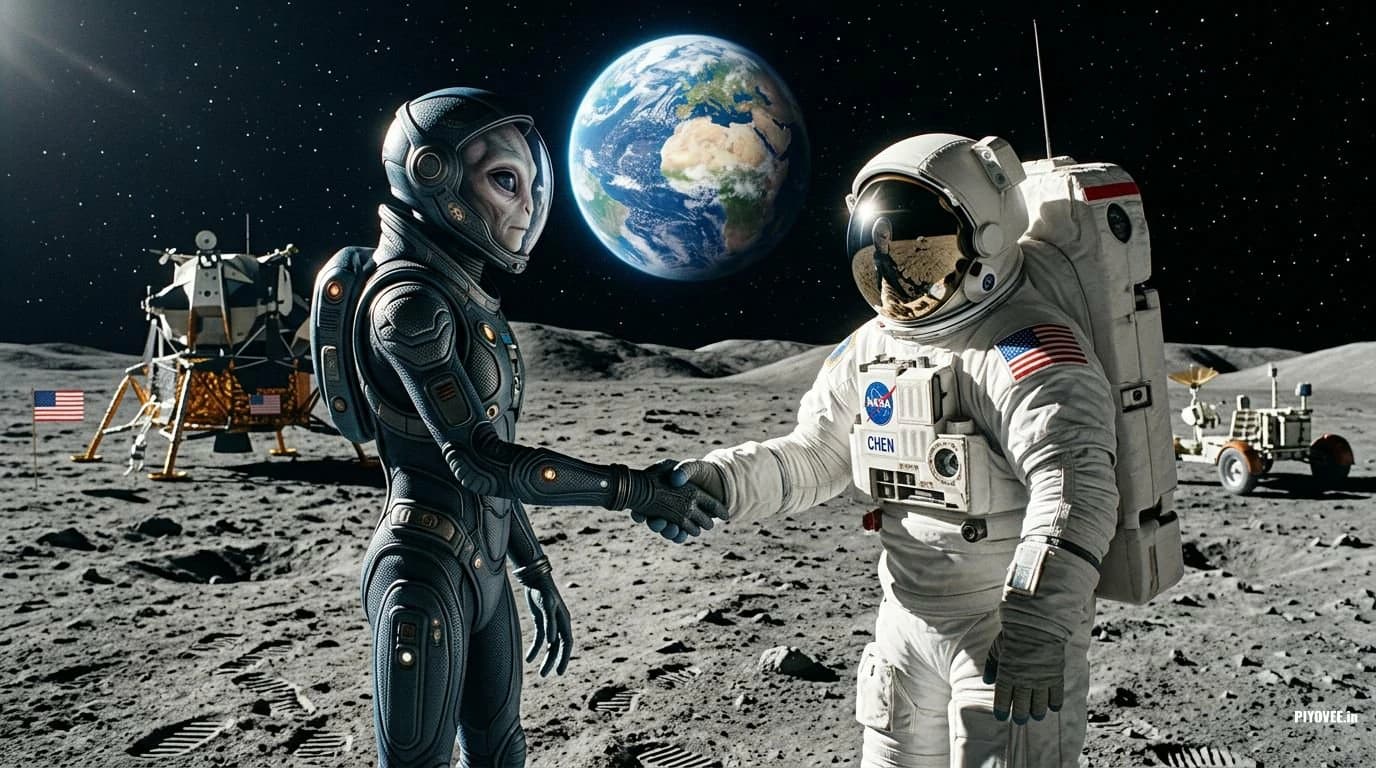 Nano Banana Pro result for an alien meeting an astronaut on the moon